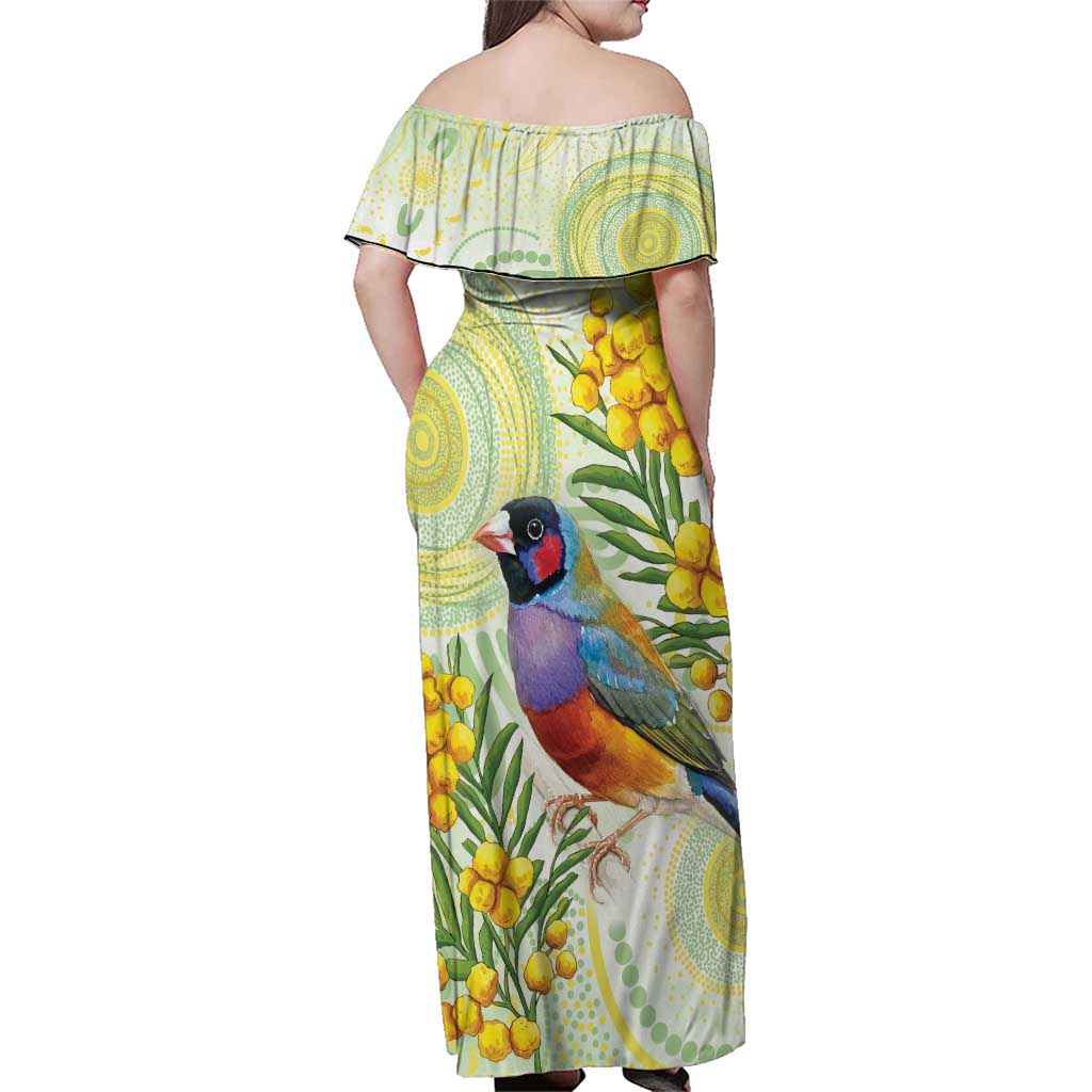 Gouldian Finch Golden Wattle Australia Family Matching Off Shoulder Maxi Dress and Hawaiian Shirt Aboriginal Watercolor Style