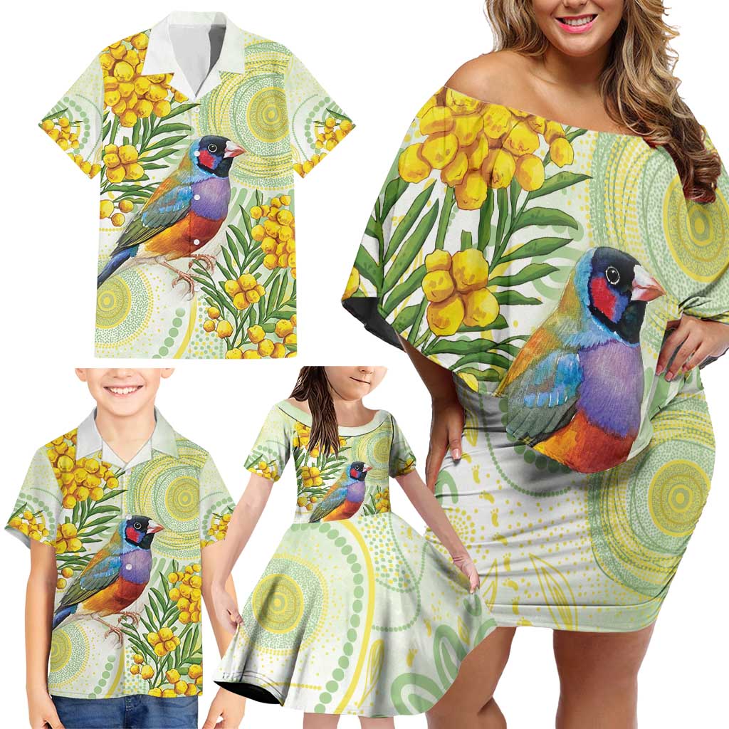 Gouldian Finch Golden Wattle Australia Family Matching Off Shoulder Short Dress and Hawaiian Shirt Aboriginal Watercolor Style