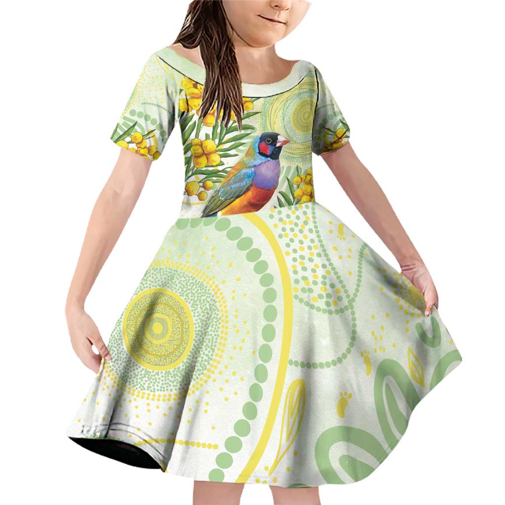 Gouldian Finch Golden Wattle Australia Family Matching Off Shoulder Short Dress and Hawaiian Shirt Aboriginal Watercolor Style