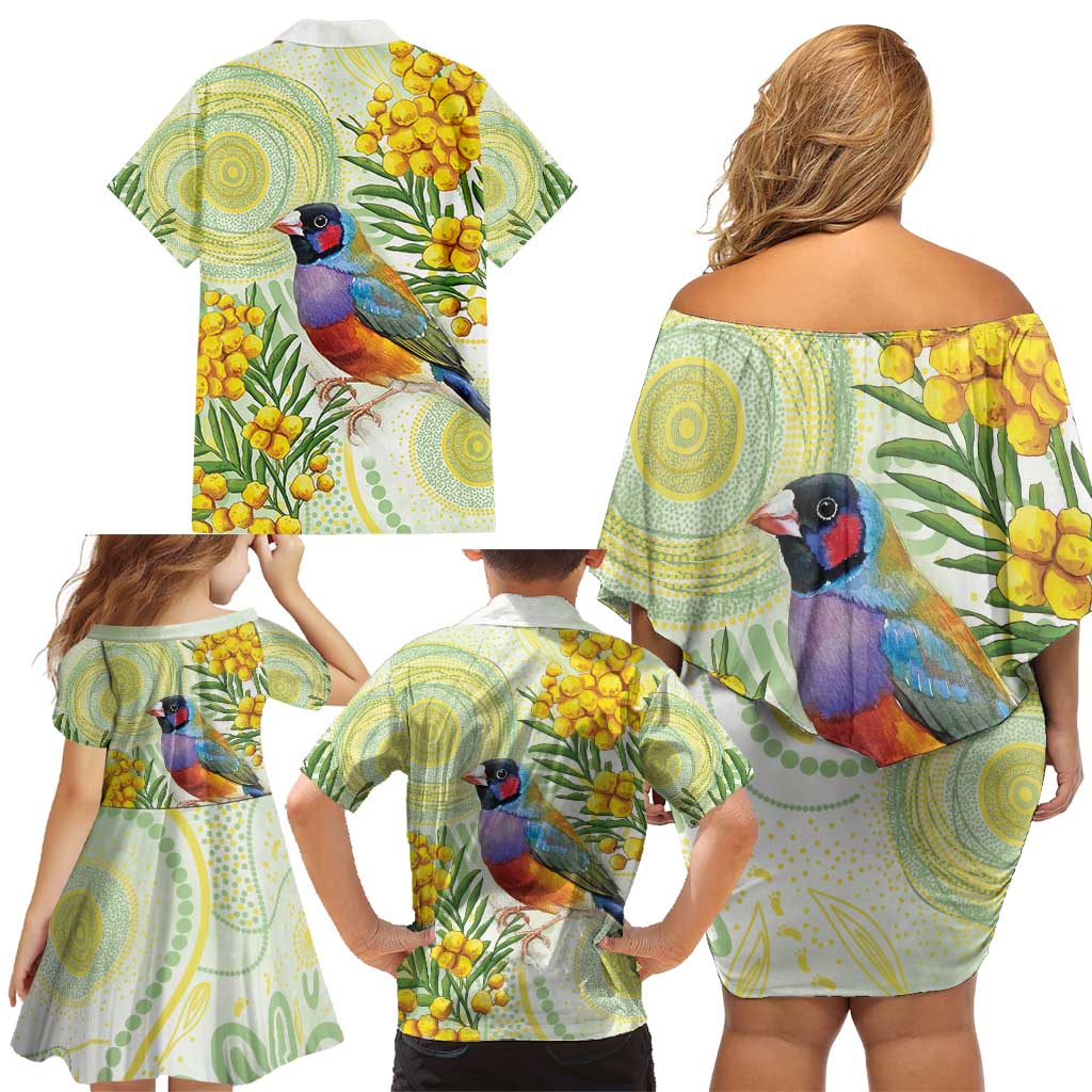 Gouldian Finch Golden Wattle Australia Family Matching Off Shoulder Short Dress and Hawaiian Shirt Aboriginal Watercolor Style