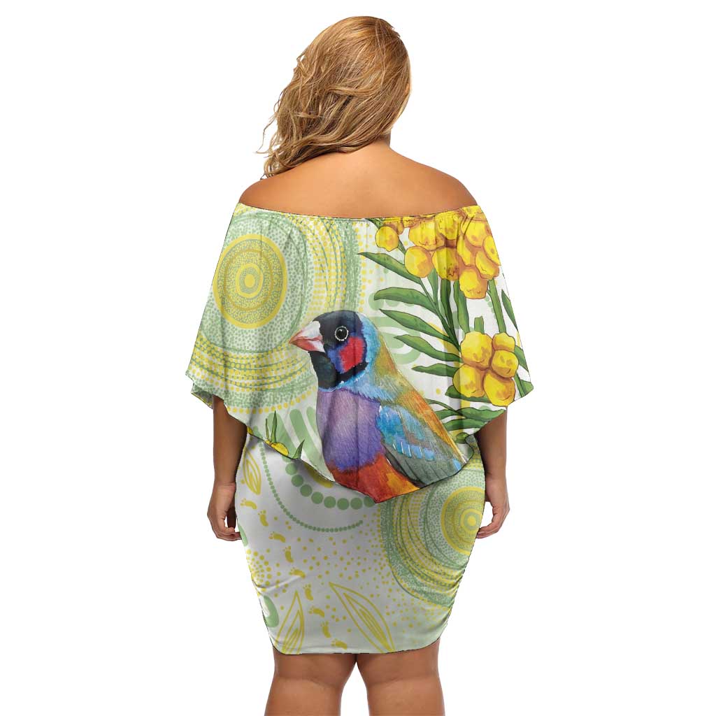 Gouldian Finch Golden Wattle Australia Family Matching Off Shoulder Short Dress and Hawaiian Shirt Aboriginal Watercolor Style