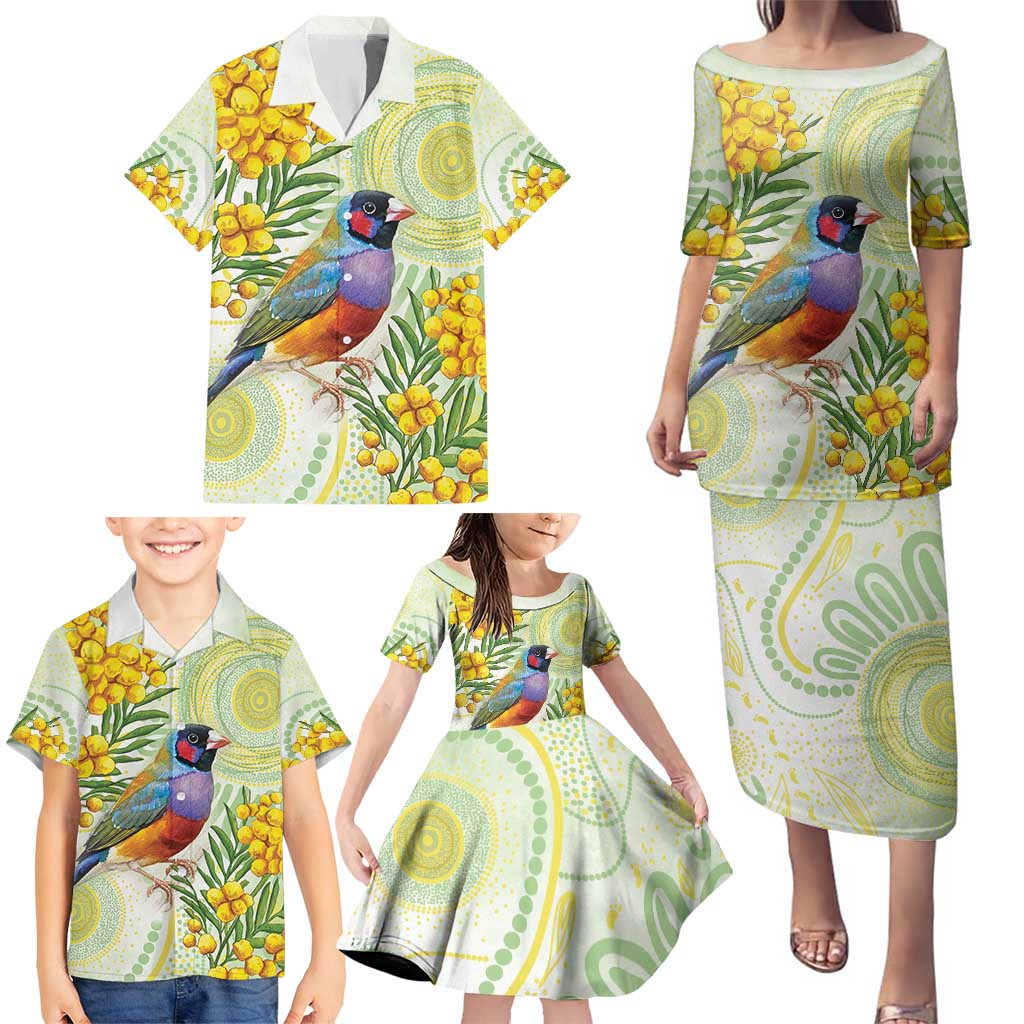 Gouldian Finch Golden Wattle Australia Family Matching Puletasi and Hawaiian Shirt Aboriginal Watercolor Style