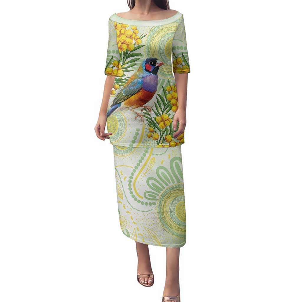 Gouldian Finch Golden Wattle Australia Family Matching Puletasi and Hawaiian Shirt Aboriginal Watercolor Style