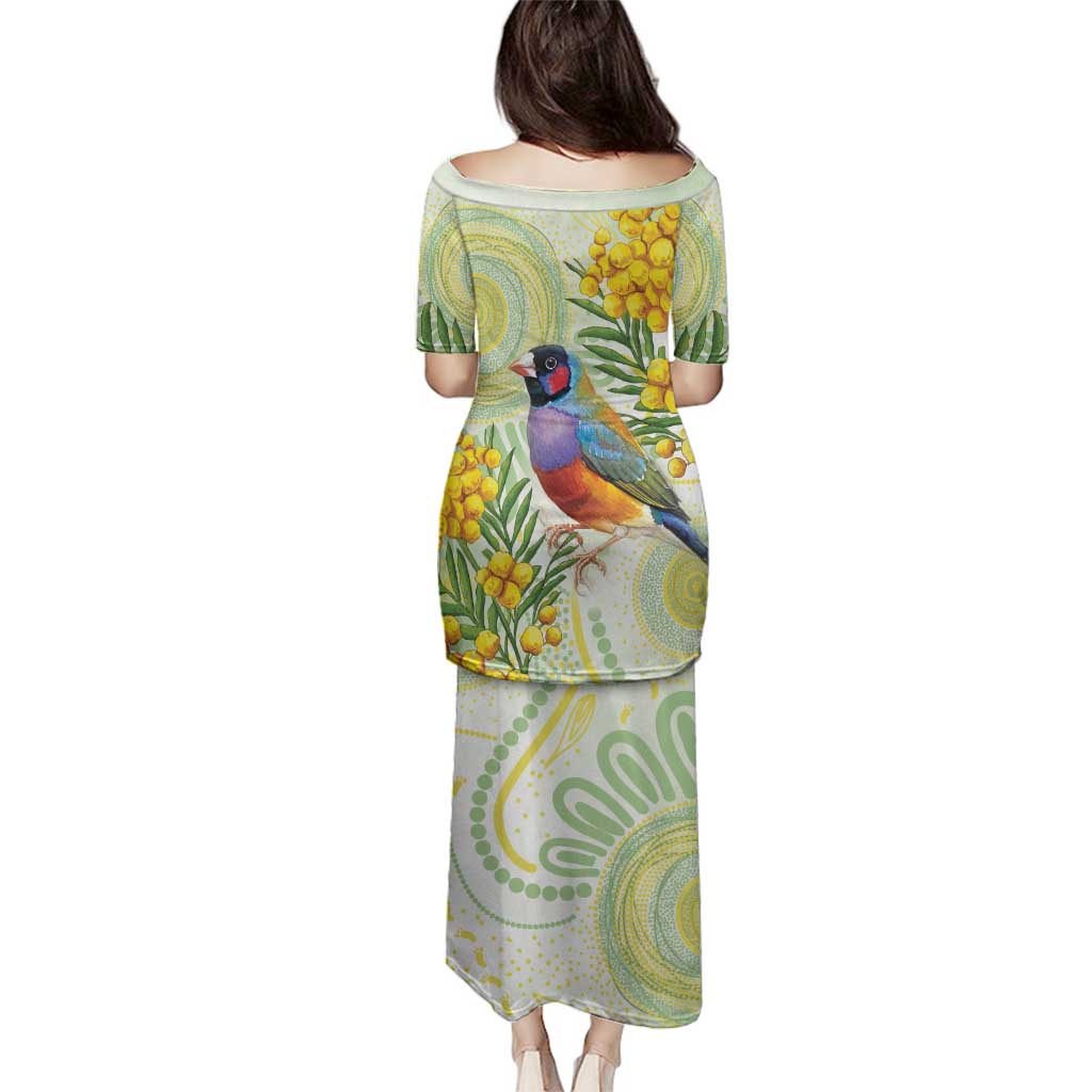 Gouldian Finch Golden Wattle Australia Family Matching Puletasi and Hawaiian Shirt Aboriginal Watercolor Style