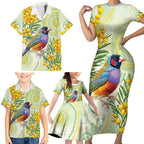 Gouldian Finch Golden Wattle Australia Family Matching Short Sleeve Bodycon Dress and Hawaiian Shirt Aboriginal Watercolor Style