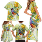 Gouldian Finch Golden Wattle Australia Family Matching Short Sleeve Bodycon Dress and Hawaiian Shirt Aboriginal Watercolor Style
