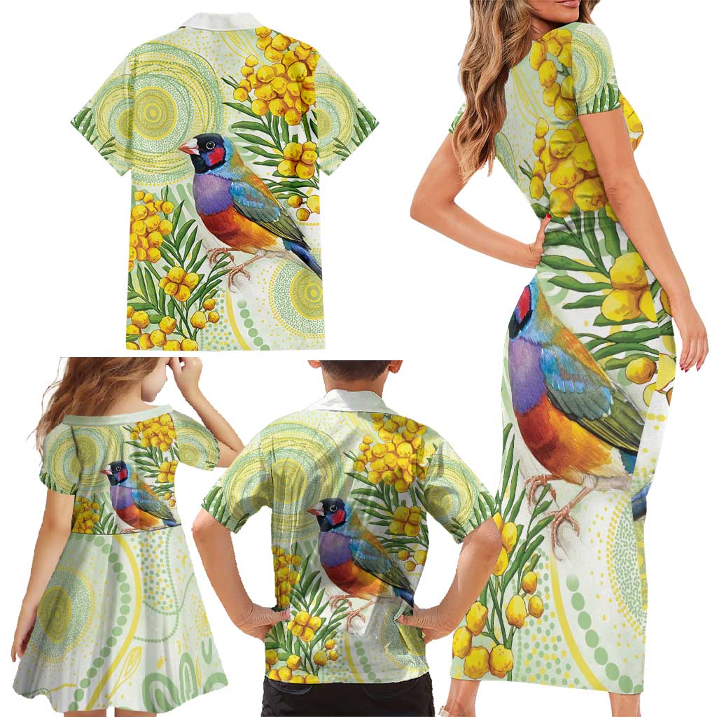 Gouldian Finch Golden Wattle Australia Family Matching Short Sleeve Bodycon Dress and Hawaiian Shirt Aboriginal Watercolor Style