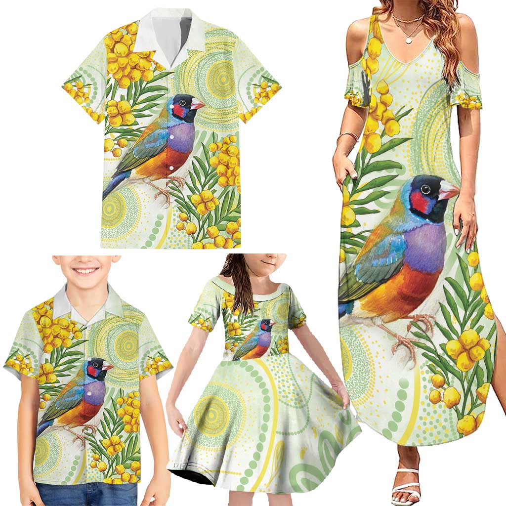 Gouldian Finch Golden Wattle Australia Family Matching Summer Maxi Dress and Hawaiian Shirt Aboriginal Watercolor Style