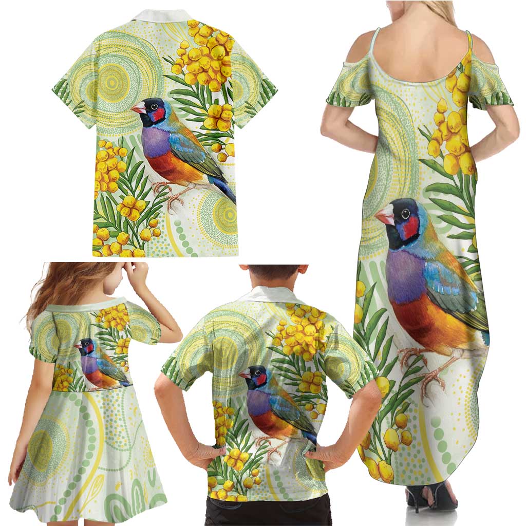 Gouldian Finch Golden Wattle Australia Family Matching Summer Maxi Dress and Hawaiian Shirt Aboriginal Watercolor Style