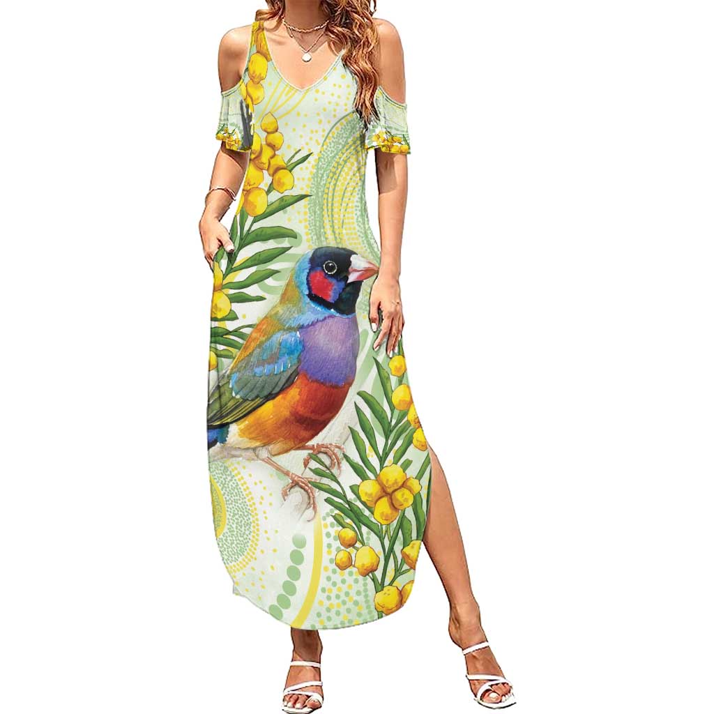 Gouldian Finch Golden Wattle Australia Family Matching Summer Maxi Dress and Hawaiian Shirt Aboriginal Watercolor Style