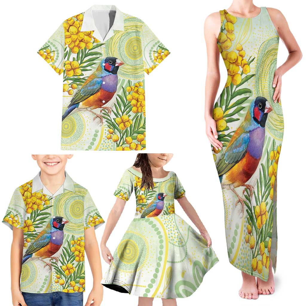 Gouldian Finch Golden Wattle Australia Family Matching Tank Maxi Dress and Hawaiian Shirt Aboriginal Watercolor Style