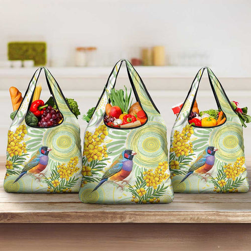 Gouldian Finch Golden Wattle Australia Grocery Bag Aboriginal Watercolor Style