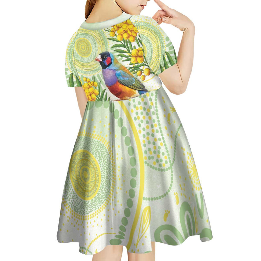Gouldian Finch Golden Wattle Australia Kid Short Sleeve Dress Aboriginal Watercolor Style