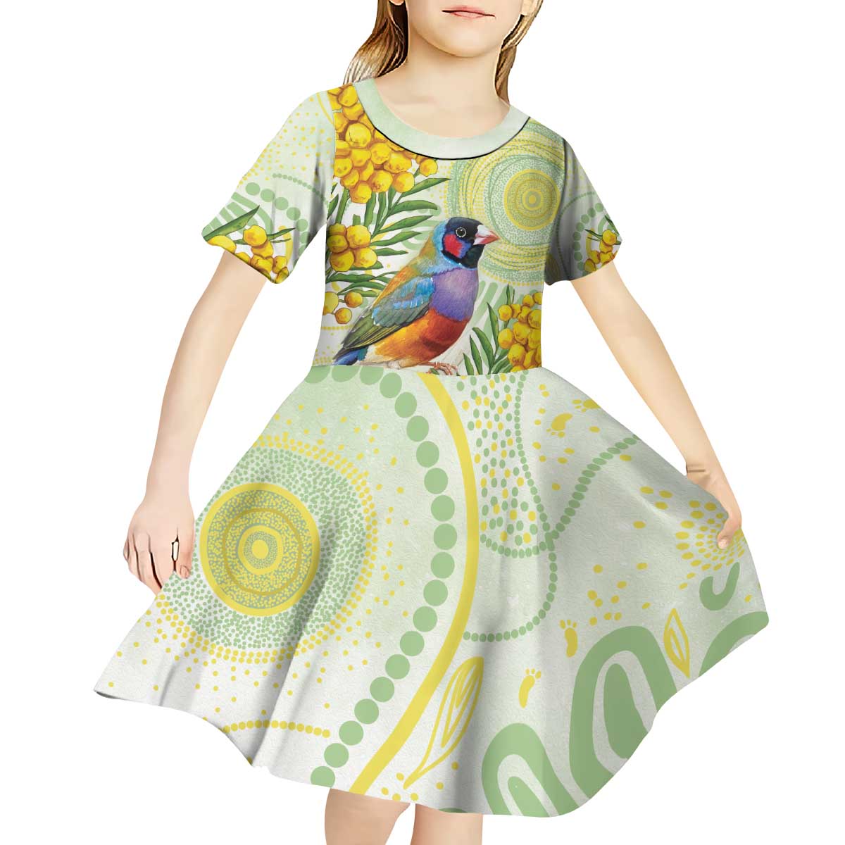 Gouldian Finch Golden Wattle Australia Kid Short Sleeve Dress Aboriginal Watercolor Style