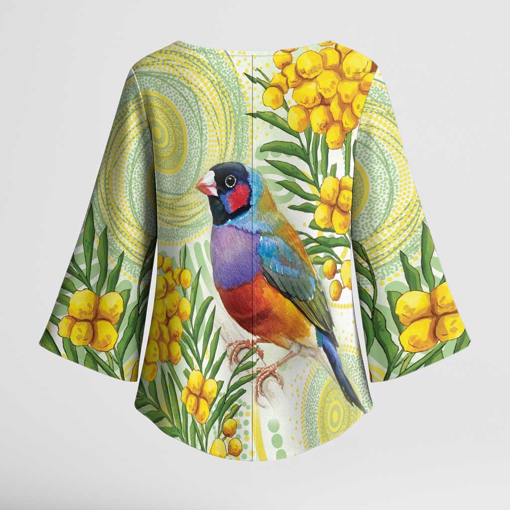 Gouldian Finch Golden Wattle Australia Kimono Sleeve Blouse Aboriginal Watercolor Style - Aussie Hoodie