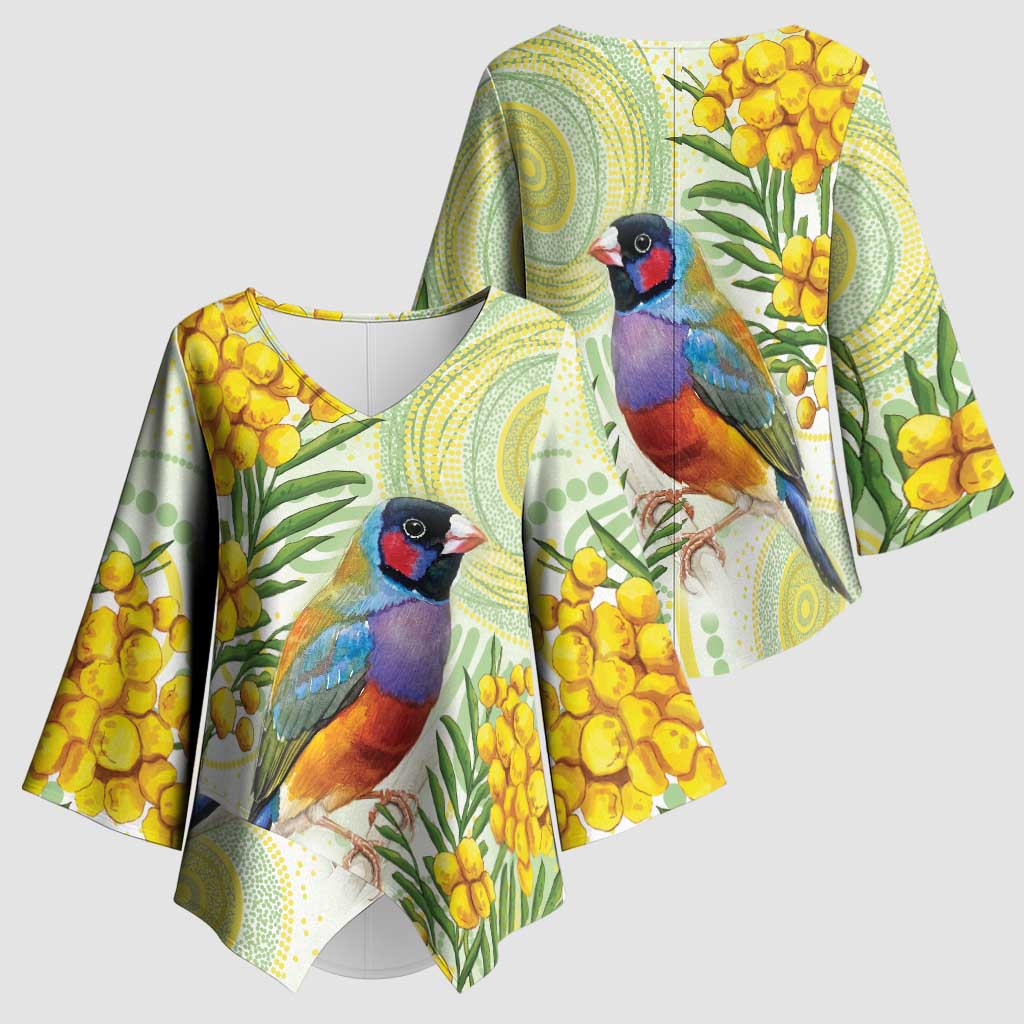 Gouldian Finch Golden Wattle Australia Kimono Sleeve Blouse Aboriginal Watercolor Style - Aussie Hoodie