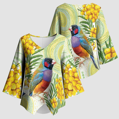 Gouldian Finch Golden Wattle Australia Kimono Sleeve Blouse Aboriginal Watercolor Style - Aussie Hoodie