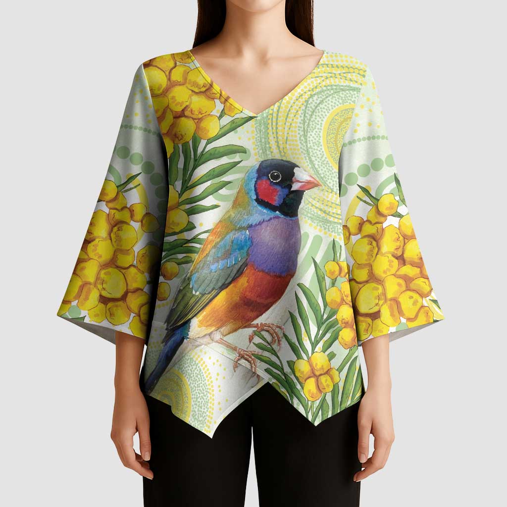 Gouldian Finch Golden Wattle Australia Kimono Sleeve Blouse Aboriginal Watercolor Style - Aussie Hoodie