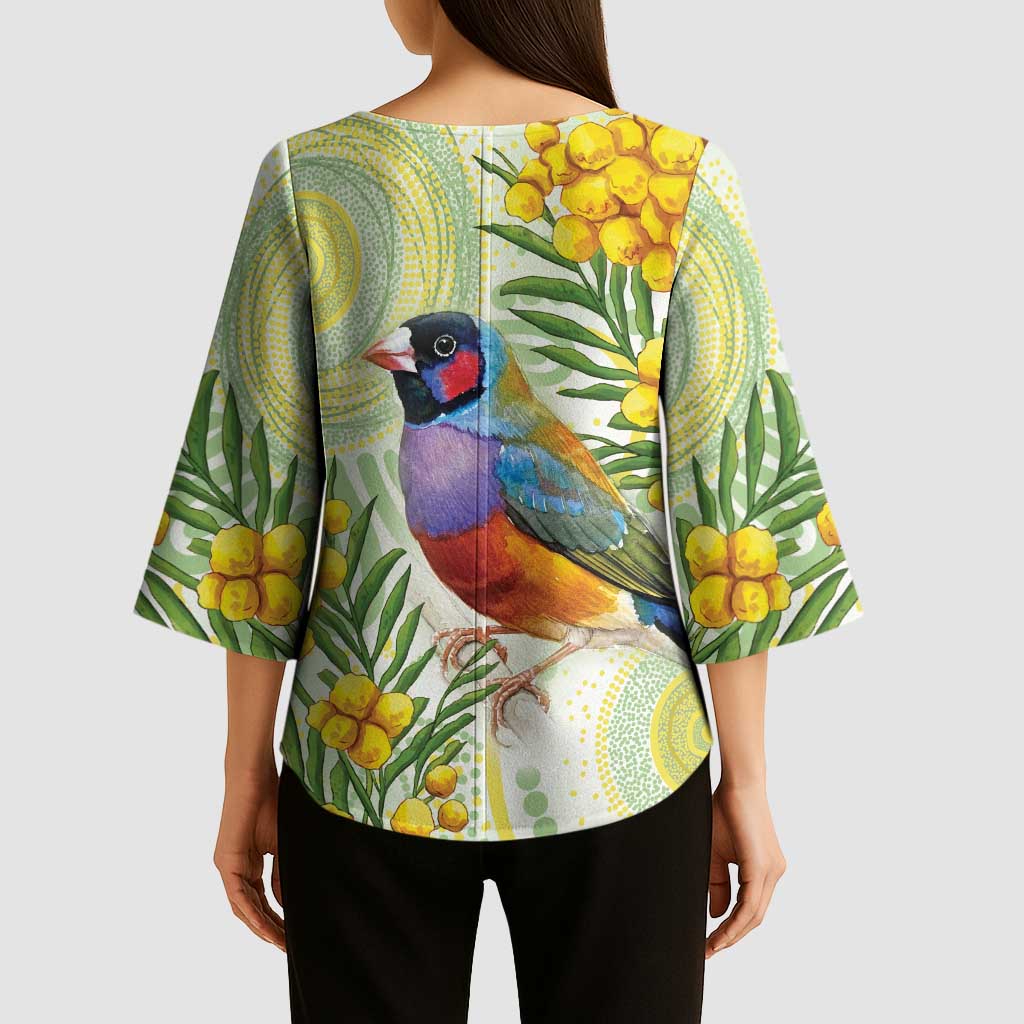 Gouldian Finch Golden Wattle Australia Kimono Sleeve Blouse Aboriginal Watercolor Style - Aussie Hoodie