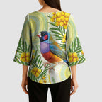Gouldian Finch Golden Wattle Australia Kimono Sleeve Blouse Aboriginal Watercolor Style - Aussie Hoodie