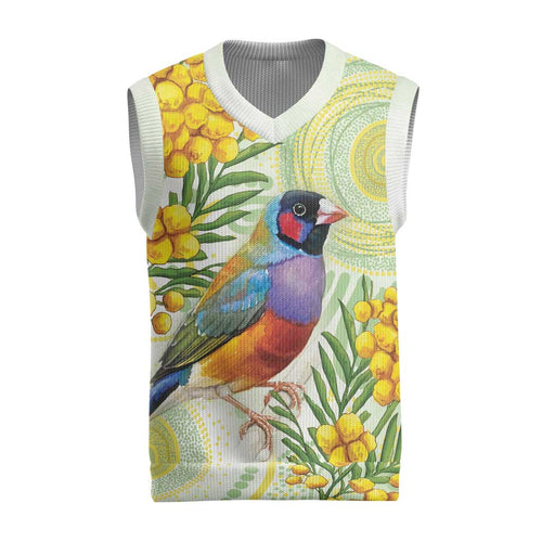 Gouldian Finch Golden Wattle Australia Christmas Knitted V-Neck Vest Aboriginal Watercolor Style - Aussie Hoodie