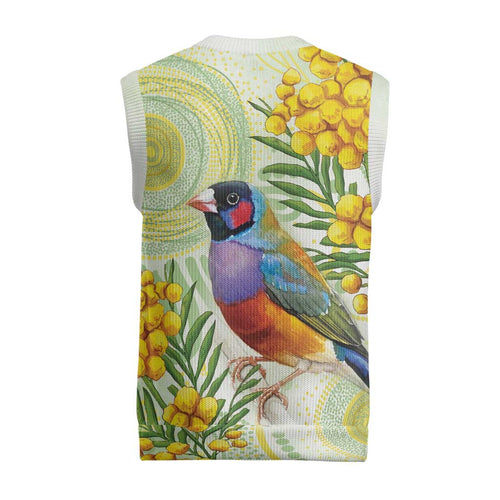 Gouldian Finch Golden Wattle Australia Christmas Knitted V-Neck Vest Aboriginal Watercolor Style - Aussie Hoodie