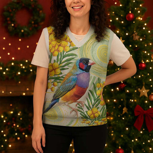 Gouldian Finch Golden Wattle Australia Christmas Knitted V-Neck Vest Aboriginal Watercolor Style - Aussie Hoodie