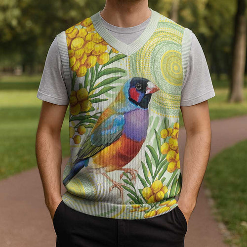 Gouldian Finch Golden Wattle Australia Christmas Knitted V-Neck Vest Aboriginal Watercolor Style - Aussie Hoodie