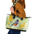 Gouldian Finch Golden Wattle Australia Leather Tote Bag Aboriginal Watercolor Style