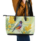 Gouldian Finch Golden Wattle Australia Leather Tote Bag Aboriginal Watercolor Style