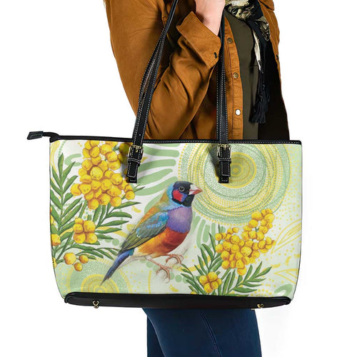 Gouldian Finch Golden Wattle Australia Leather Tote Bag Aboriginal Watercolor Style