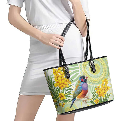 Gouldian Finch Golden Wattle Australia Leather Tote Bag Aboriginal Watercolor Style