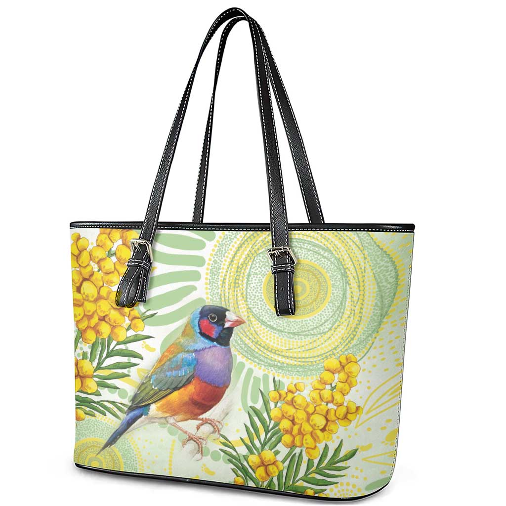 Gouldian Finch Golden Wattle Australia Leather Tote Bag Aboriginal Watercolor Style