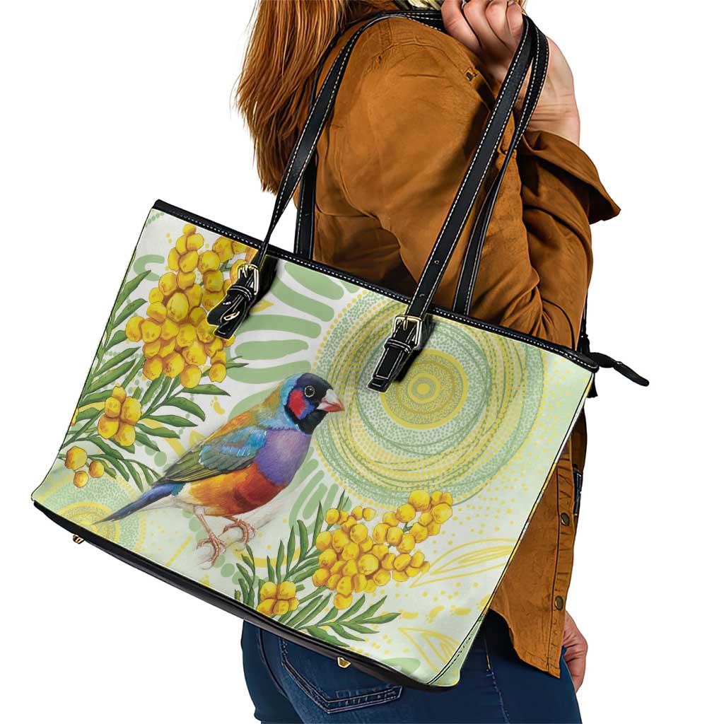 Gouldian Finch Golden Wattle Australia Leather Tote Bag Aboriginal Watercolor Style