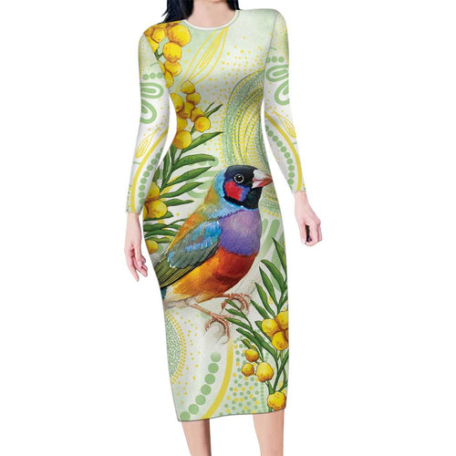 Gouldian Finch Golden Wattle Australia Long Sleeve Bodycon Dress Aboriginal Watercolor Style