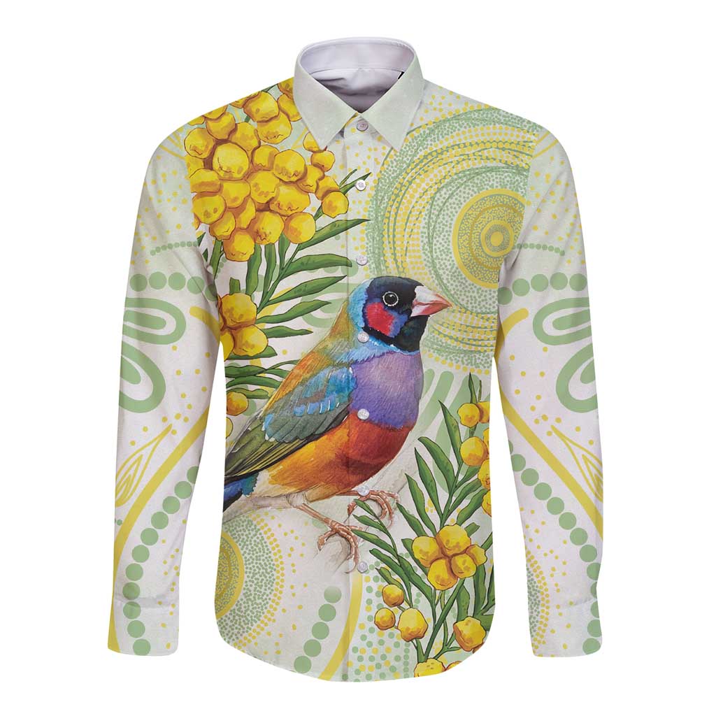 Gouldian Finch Golden Wattle Australia Long Sleeve Button Shirt Aboriginal Watercolor Style