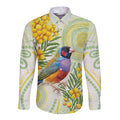 Gouldian Finch Golden Wattle Australia Long Sleeve Button Shirt Aboriginal Watercolor Style