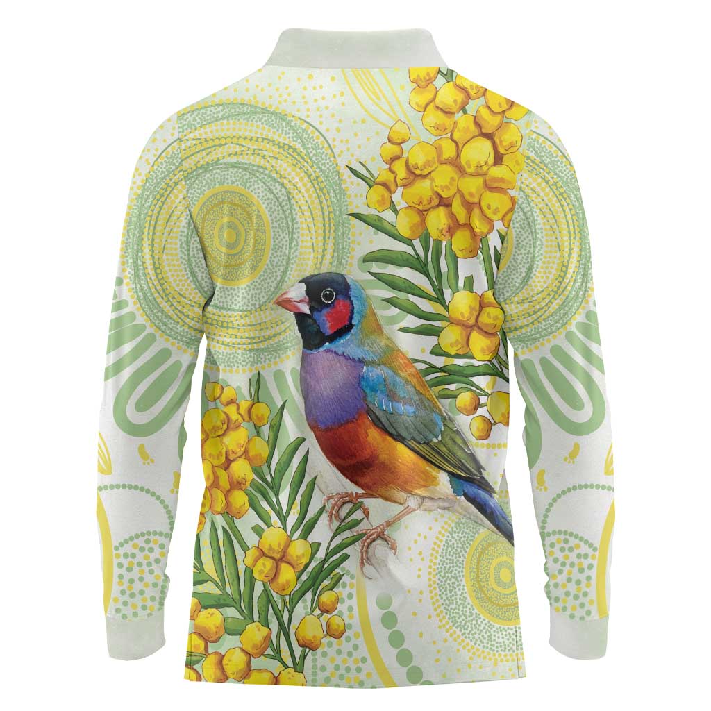 Gouldian Finch Golden Wattle Australia Long Sleeve Polo Shirt Aboriginal Watercolor Style