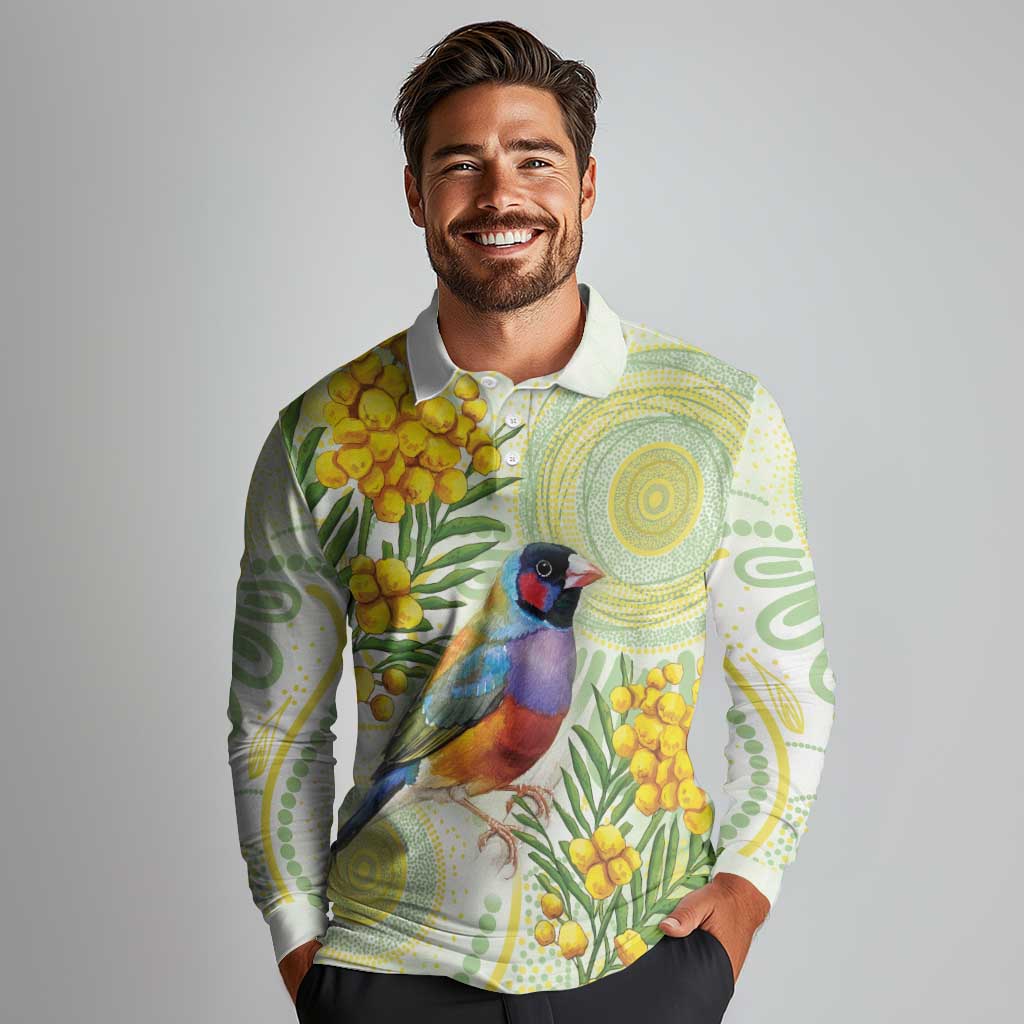 Gouldian Finch Golden Wattle Australia Long Sleeve Polo Shirt Aboriginal Watercolor Style