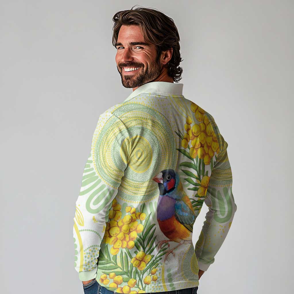 Gouldian Finch Golden Wattle Australia Long Sleeve Polo Shirt Aboriginal Watercolor Style