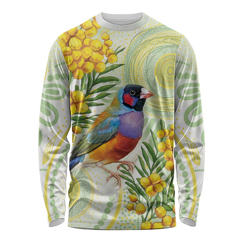 Gouldian Finch Golden Wattle Australia Long Sleeve Shirt Aboriginal Watercolor Style