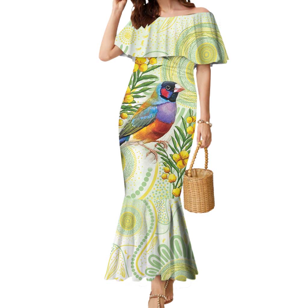 Gouldian Finch Golden Wattle Australia Mermaid Dress Aboriginal Watercolor Style