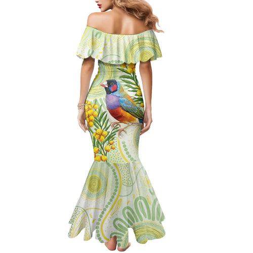 Gouldian Finch Golden Wattle Australia Mermaid Dress Aboriginal Watercolor Style