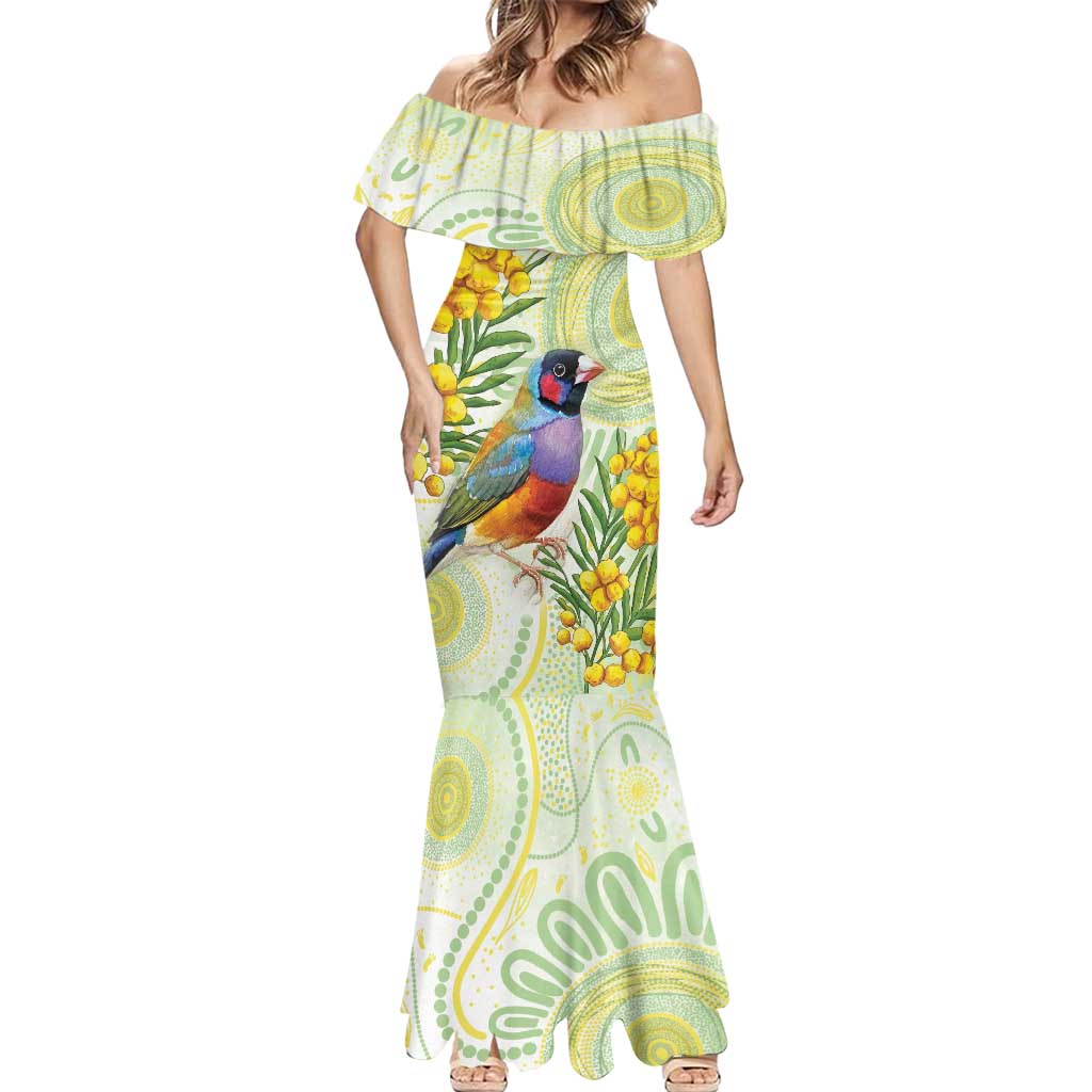 Gouldian Finch Golden Wattle Australia Mermaid Dress Aboriginal Watercolor Style