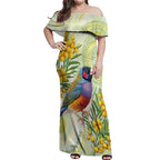 Gouldian Finch Golden Wattle Australia Off Shoulder Maxi Dress Aboriginal Watercolor Style