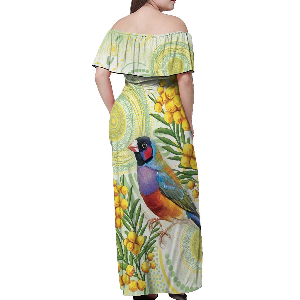 Gouldian Finch Golden Wattle Australia Off Shoulder Maxi Dress Aboriginal Watercolor Style