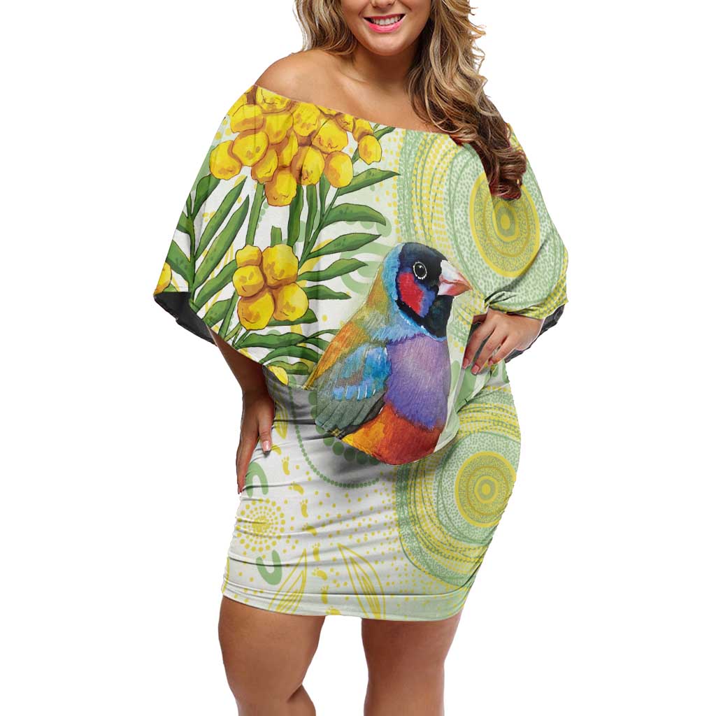 Gouldian Finch Golden Wattle Australia Off Shoulder Short Dress Aboriginal Watercolor Style