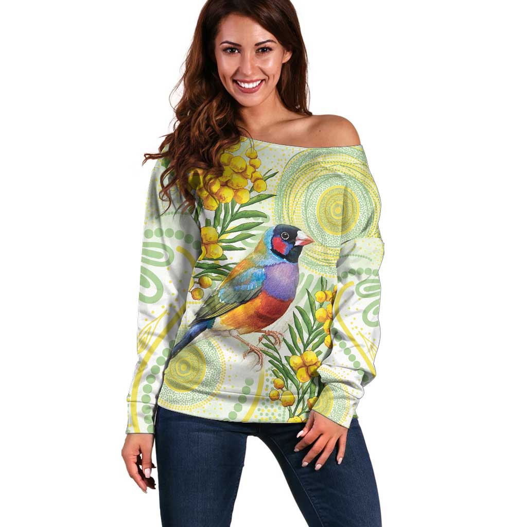 Gouldian Finch Golden Wattle Australia Off Shoulder Sweater Aboriginal Watercolor Style