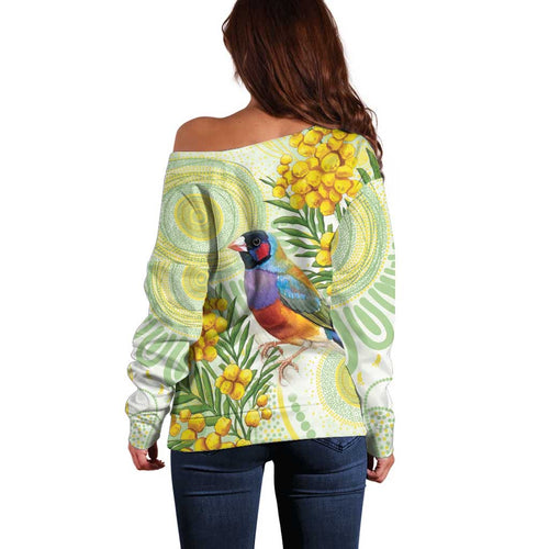 Gouldian Finch Golden Wattle Australia Off Shoulder Sweater Aboriginal Watercolor Style