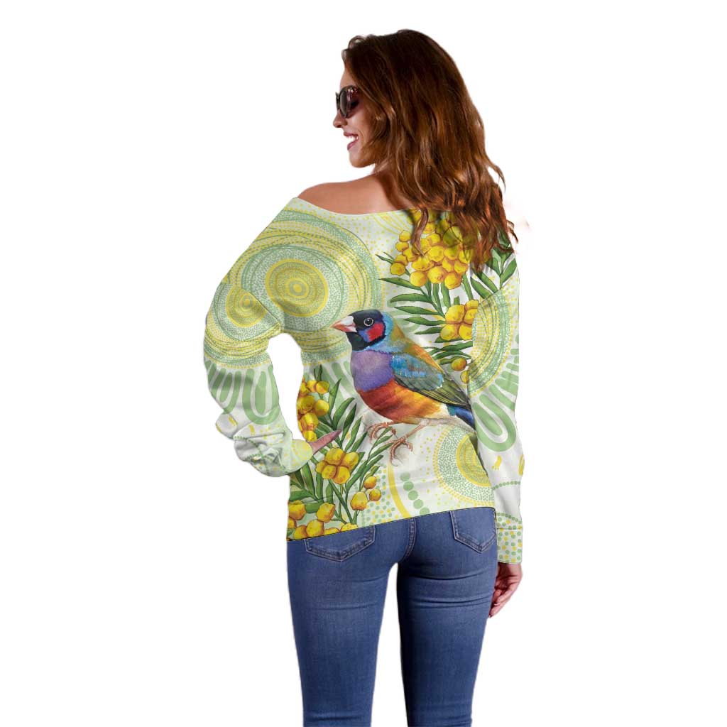 Gouldian Finch Golden Wattle Australia Off Shoulder Sweater Aboriginal Watercolor Style